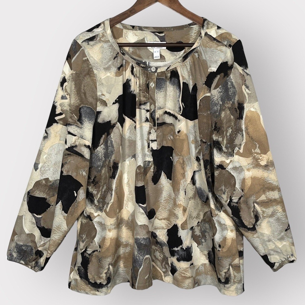 Denim & Co Blouse Womens XL Tan Brown Abstract Camo Henley Long Sleeve Excellent